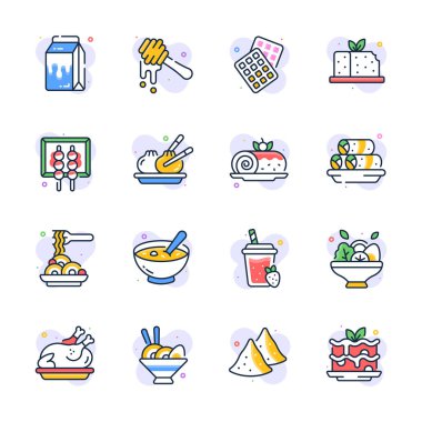 Moda tasarım tarzında modern yemek ve yemek ikonları.