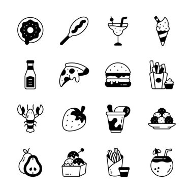 Görsel olarak çekici yiyecek ve içecekler kabartma biçiminde dizilmiş ikonlar