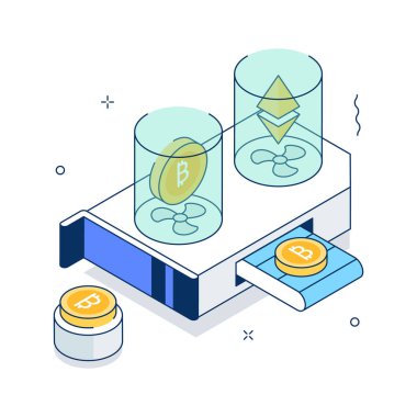 Kripto ağındaki bitcoin madenciliğinin modern izometrik çizimi