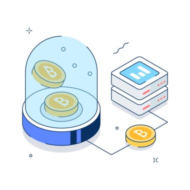 Güvenli bitcoin depolama ve korumasının birinci derece izometrik çizimi
