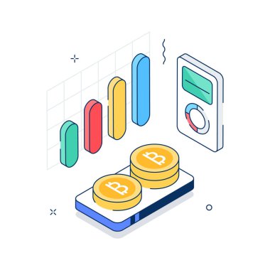 Bitcoin büyüme analizlerinin görsel olarak çekici izometrik çizimi