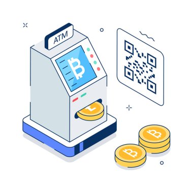 Bitcoin ATM ve kripto nakitinin modern izometrik çizimi