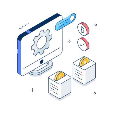 An editable isometric illustration of bitcoin management concept