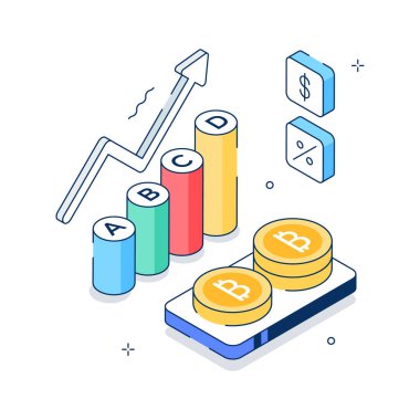 Bitcoin kârının görsel olarak çekici izometrik illüstrasyonu