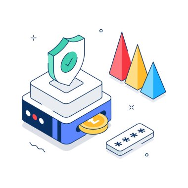 Bitcoin gizliliğini gösteren birinci sınıf izometrik illüstrasyon, kullanılmaya hazır