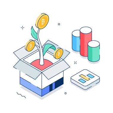 Bitcoin büyümesinin görsel olarak izometrik illüstrasyonu