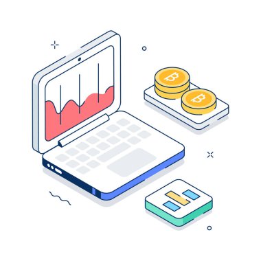 Bitcoin analizi için modern izometrik illüstrasyon, düzenlenmesi kolay