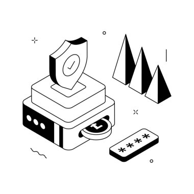 Bitcoin gizliliğini gösteren birinci sınıf izometrik illüstrasyon, kullanılmaya hazır