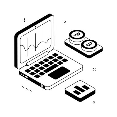 Bitcoin analizi için modern izometrik illüstrasyon, düzenlenmesi kolay