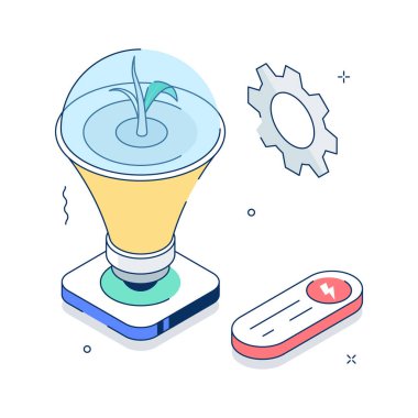 Enerji verimliliğini ve güç tasarrufunu temsil eden görsel olarak çekici bir izometrik illüstrasyon