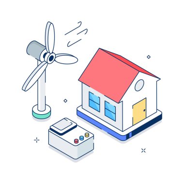 Rüzgarın elektrik üretimini gösteren kullanışlı bir izometrik illüstrasyon