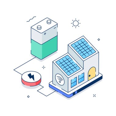 Güneş enerjisiyle çalışan konutların modern bir izometrik çizimi