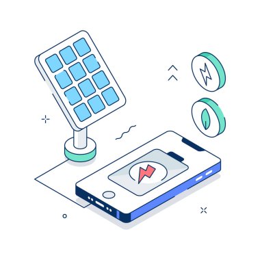 Temiz enerji kullanımı için modern bir izometrik solar şarj gösterimi