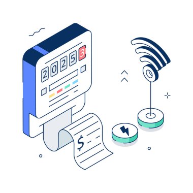 Elektrik sayacı ve kullanımını gösteren profesyonel bir izometrik illüstrasyon