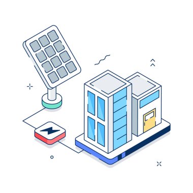 A futuristic isometric illustration of smart city energy infrastructure system