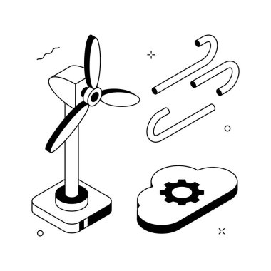 Rüzgar türbininin görsel olarak çekici bir izometrik çizimi