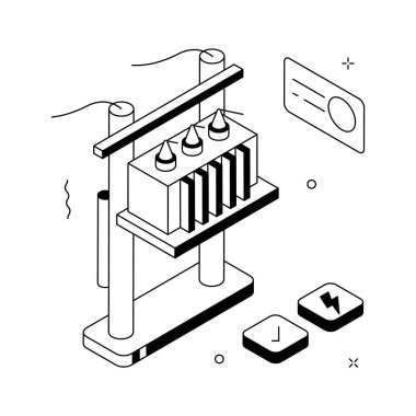 Elektrik santralinin iyi hazırlanmış izometrik çizimi, elektrik trafosu.