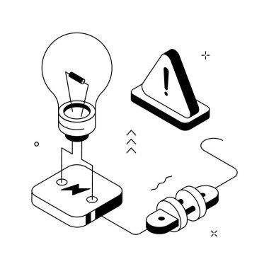 Eşsiz bir izometrik illüstrasyon elektrik uyarısı ve güvenlik uyarısı gösteriyor.
