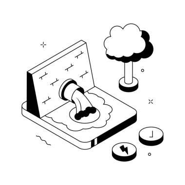 Hidroelektrik üretim sistemini gösteren birinci sınıf izometrik bir illüstrasyon