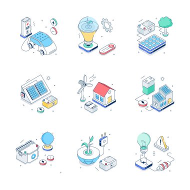 Yaratıcı bir şekilde sürdürülebilir teknoloji ve yenilenebilir enerji için izometrik çizimler üretildi.