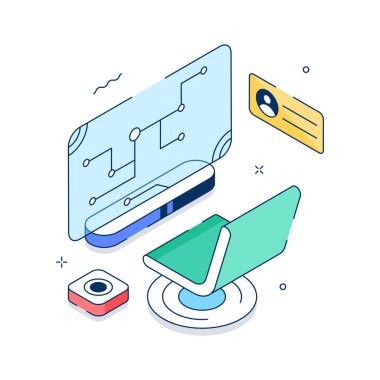 Sanal arayüz ve kullanıcı etkileşiminin premium izometrik çizimi