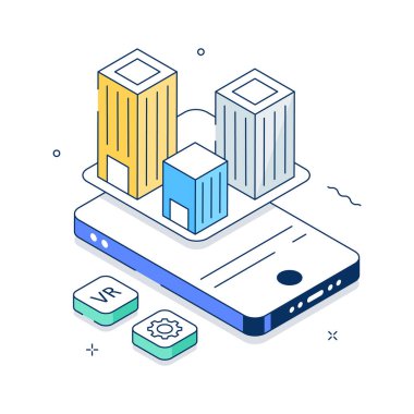 Sanal mimari ve dijital binaların modern izometrik bir çizimi