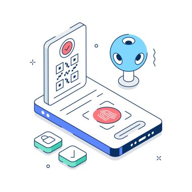 VR güvenlik ve dijital korumayı gösteren izometrik bir illüstrasyon