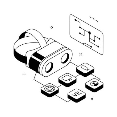 VR ağını ve dijital bağlantıyı temsil eden temiz bir izometrik illüstrasyon