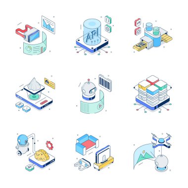 Modern teknolojinin bu modaya uygun izometrik çizimlerini ele alalım, düzenlenebilir vektörler.