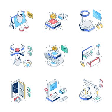 İzometrik tarzda kullanışlı bir dijital teknoloji ve otomasyon çizimi