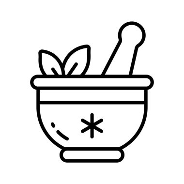 Doğal ilaç ve alternatif tedaviyi gösteren yaprakları olan bitki tasının çizgi simgesi