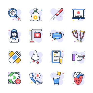 Ellerinizi bu inanılmaz sağlık ve tıbbi ikonlar setine yassı hatlarla tutun.