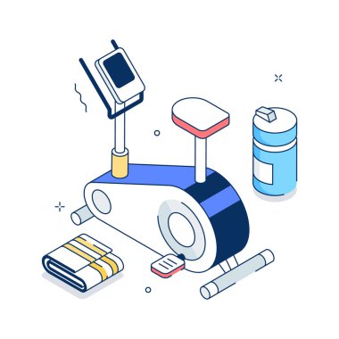 İyi tasarlanmış izometrik illüstrasyon jimnastik bisikleti kardiyo çalışmasını gösteriyor