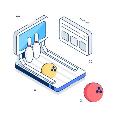 Modern izometrik illüstrasyon, bovling sporu ve kapalı alanda eğlence.