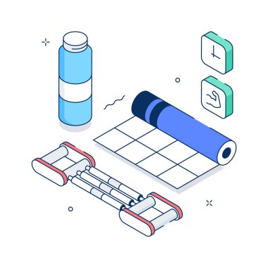 Fitness eğitimi için egzersiz ekipmanlarının görsel olarak çekici izometrik çizimi