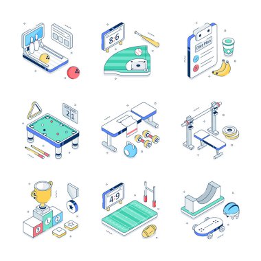 Yaratıcı olarak tasarlanmış inanılmaz spor oyunları ve fitness izometrik çizimler