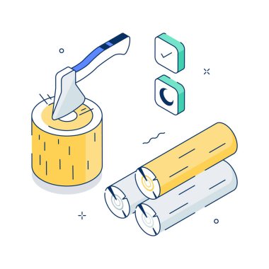 Ahşap kesme işleminin birinci kalite kullanımına hazır izometrik bir çizimi