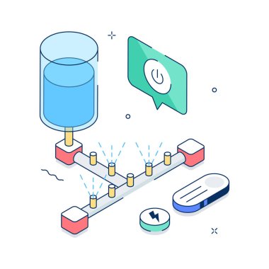 Çiftçilik için otomatik sulama sisteminin düzenlenebilir izometrik bir çizimi