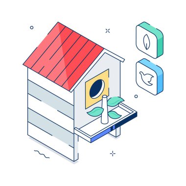 Çiftlik ortamında kuş evinin büyüleyici bir izometrik çizimi
