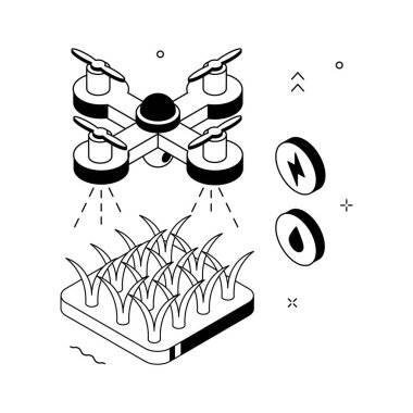 Tarımsal İHA 'nın tarım arazilerini izlediğini gösteren modern bir izometrik çizim