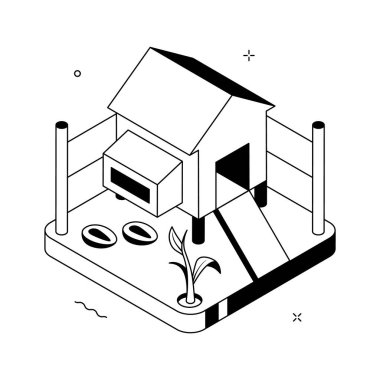 Çiftlik evi ve kırsal yaşam konseptini gösteren son moda bir izometrik illüstrasyon