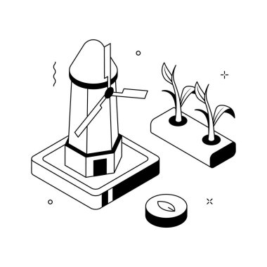 Yenilenebilir tarım enerjisi üreten yel değirmeninin büyüleyici bir izometrik çizimi