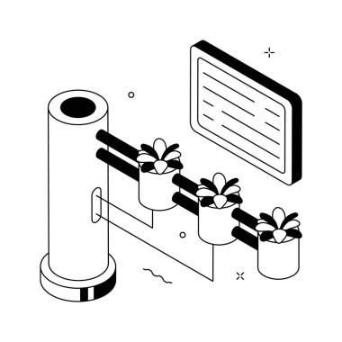 Kapalı alandaki hidrofonik çiftçiliğin görsel olarak ilgi çekici bir izometrik çizimi