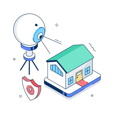 Gelişmiş ev güvenliğini gösteren büyüleyici bir izometrik çizim
