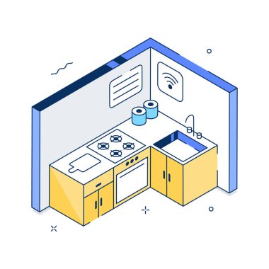 Akıllı mutfak içinin iyi tasarlanmış izometrik çizimi.