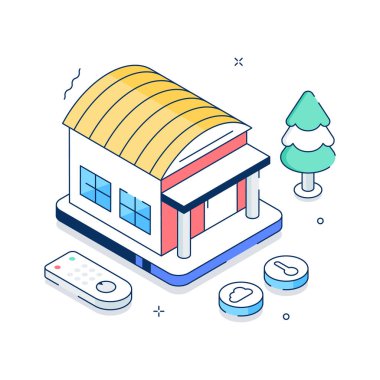 Akıllı ev inşa kavramını gösteren birinci sınıf izometrik çizim