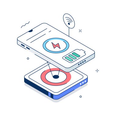 Kablosuz şarj teknolojisinin parlak bir izometrik çizimi