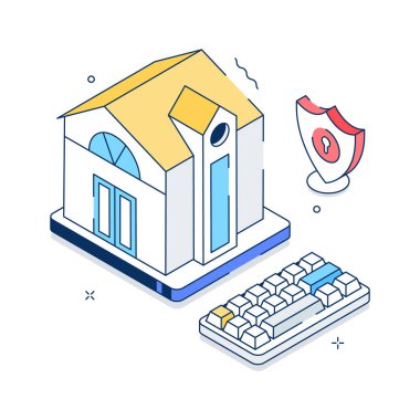 Gelişmiş ev koruma sistemini gösteren birinci sınıf izometrik bir illüstrasyon