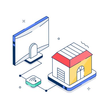 Bağlı ev ekosisteminin görsel olarak bağlanan izometrik çizimi