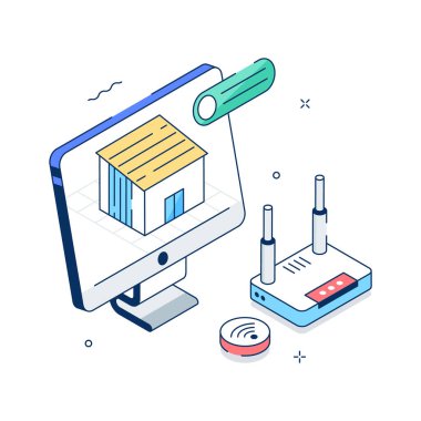 İnternet bağlantılı akıllı evleri gösteren modern bir izometrik illüstrasyon